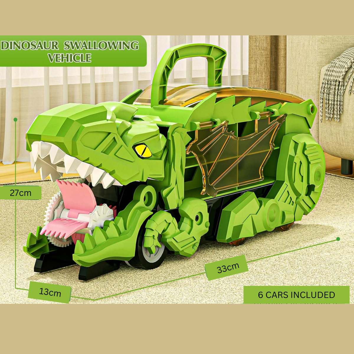 3-in-1 Dinosaur Swallowing Hauler and Race Track - Includes 6 Cars