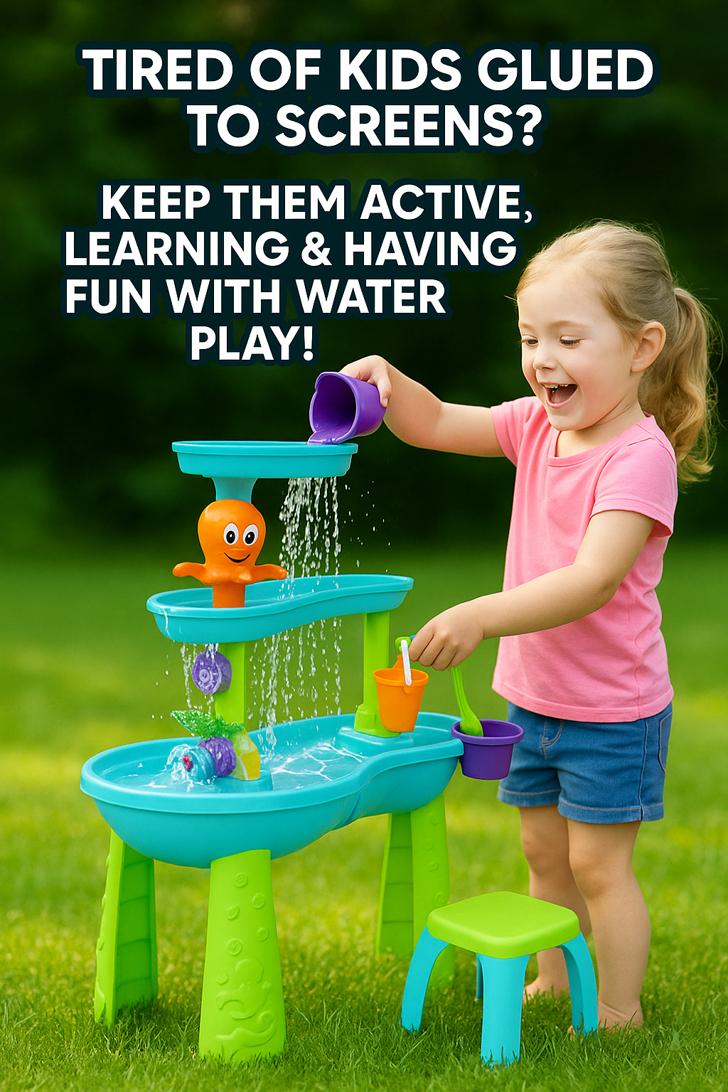 3 Layer Water Sand Sensory Messy Outdoor Play Table with Stool for Kids