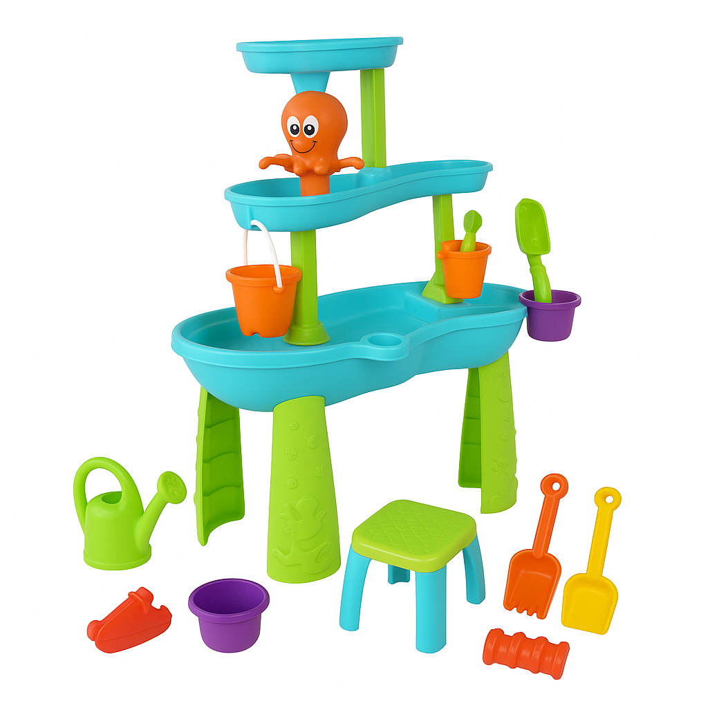 3 Layer Water Sand Sensory Messy Outdoor Play Table with Stool for Kids