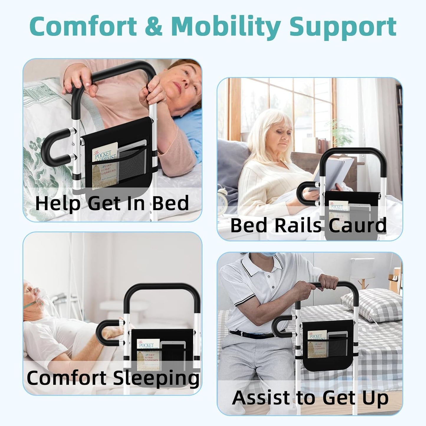 Earthmelon Bed Rail Mobility Aid for Elderly Portable Safety with Storage