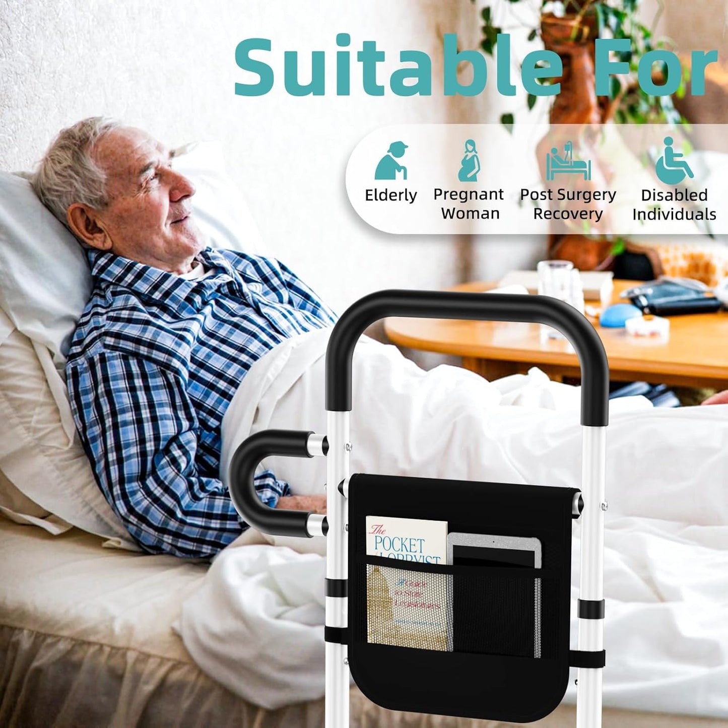 Earthmelon Bed Rail Mobility Aid for Elderly Portable Safety with Storage