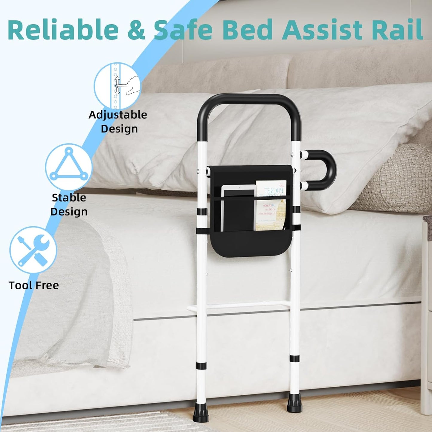 Earthmelon Bed Rail Mobility Aid for Elderly Portable Safety with Storage