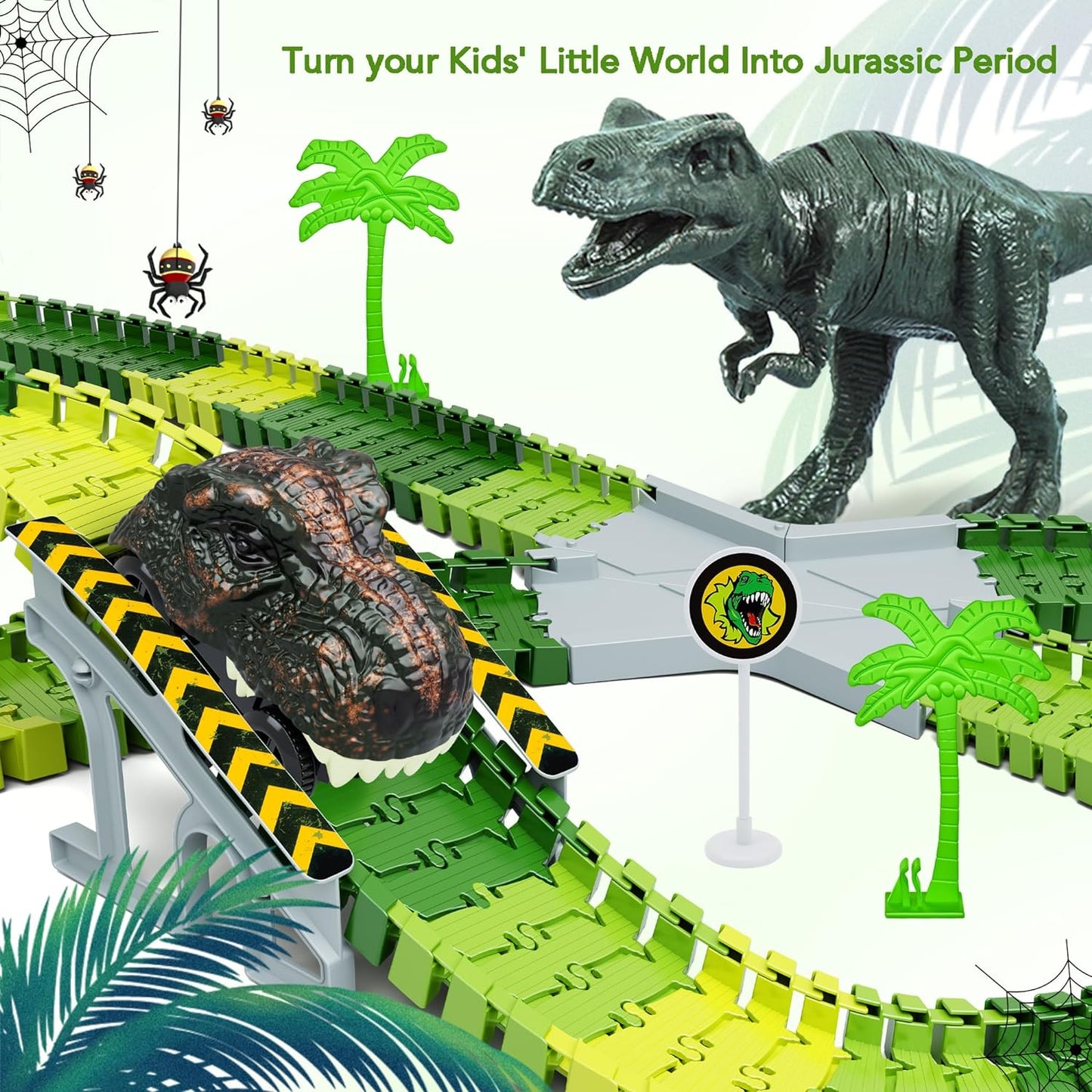 Dinosaur Race Track Set - Flexible Train Tracks with Dino Car - 265 Pieces