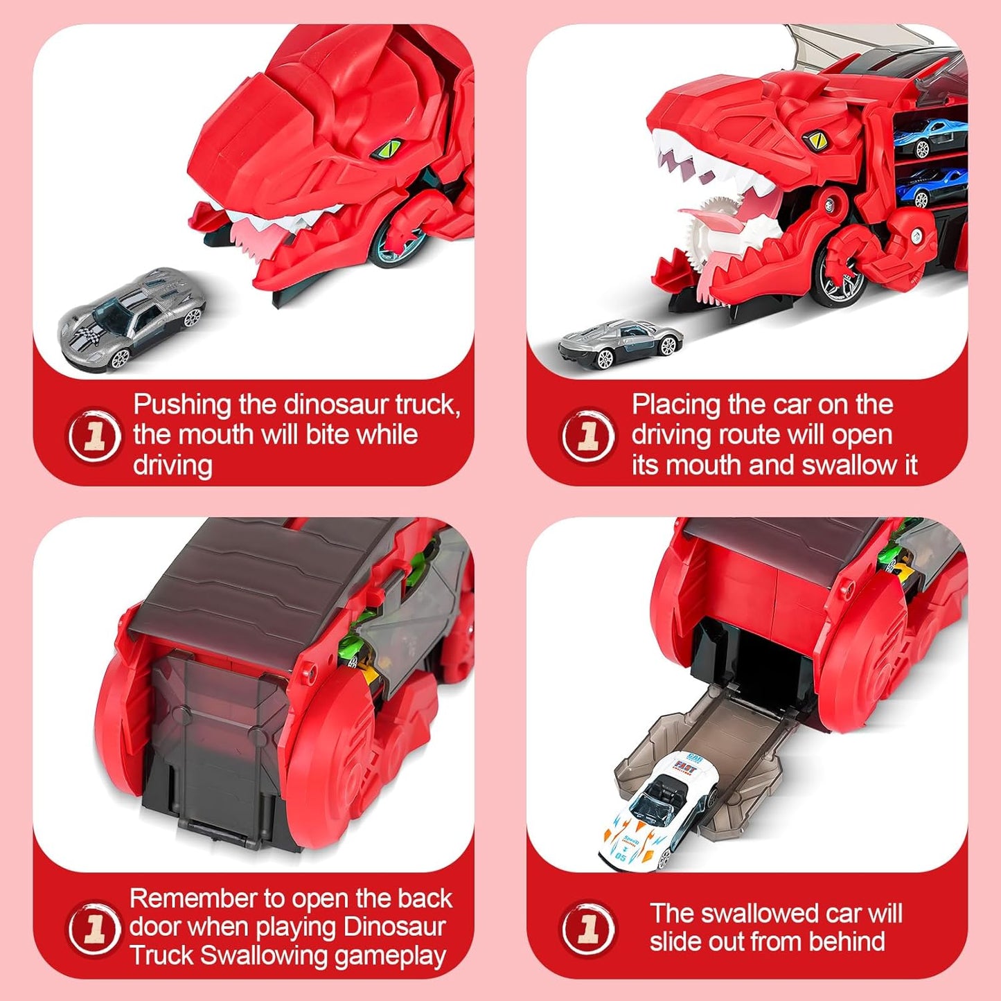 3-in-1 Dinosaur Swallowing Hauler and Race Track - Includes 6 Cars
