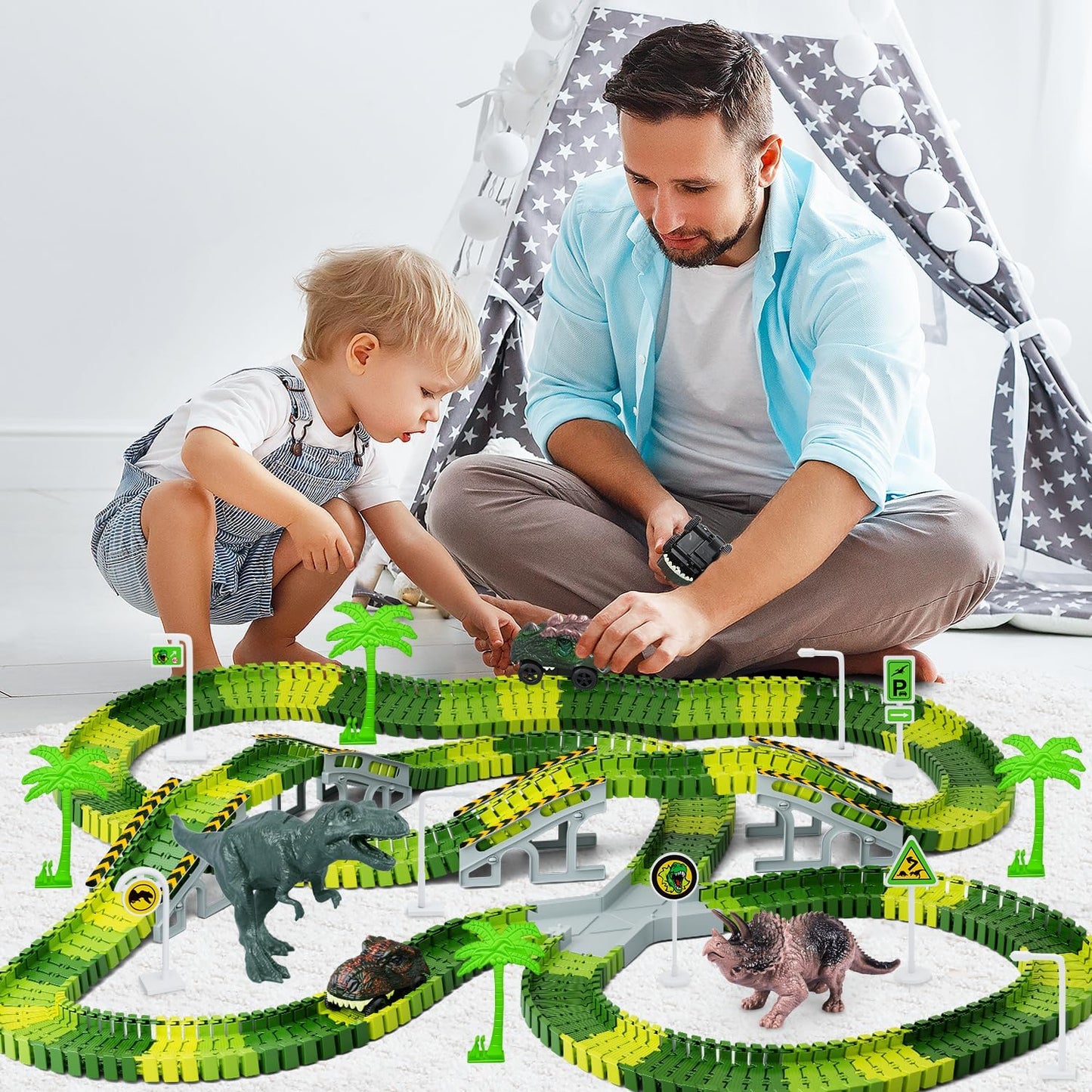 Dinosaur Race Track Set - Flexible Train Tracks with Dino Car - 265 Pieces