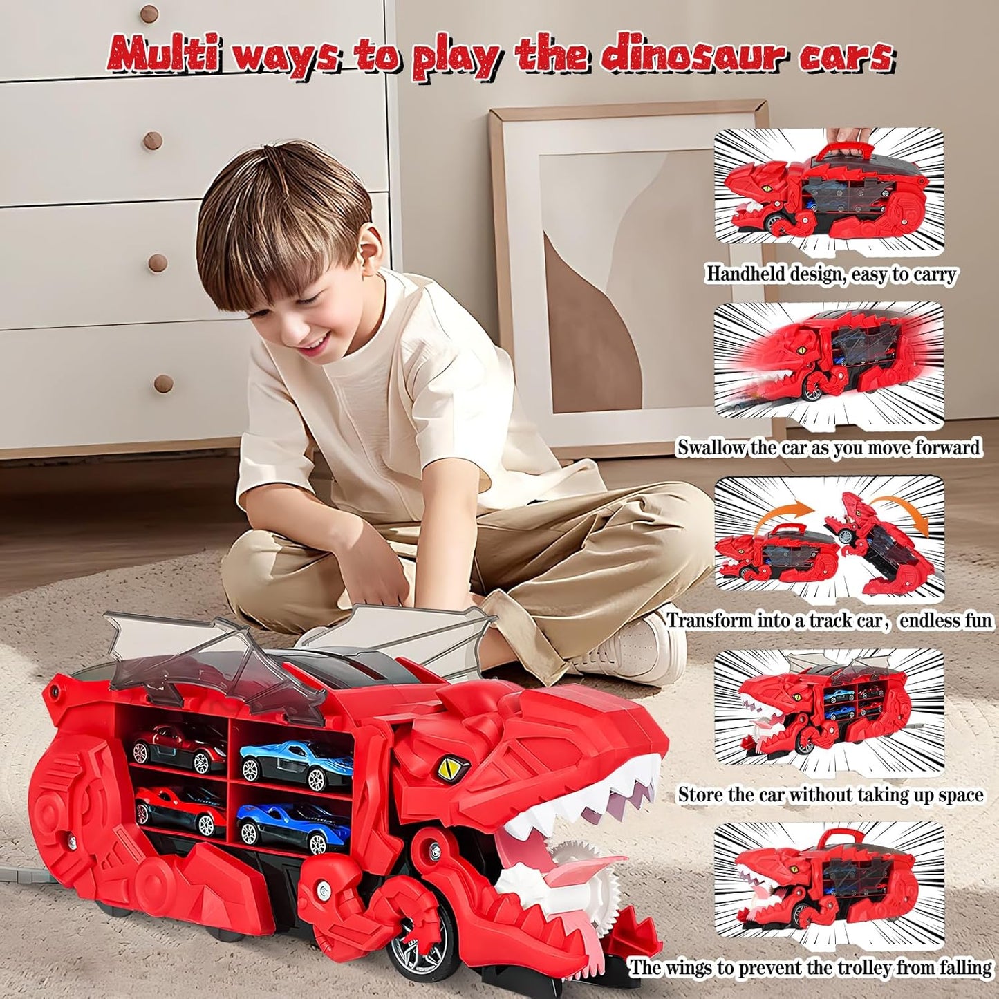 3-in-1 Dinosaur Swallowing Hauler and Race Track - Includes 6 Cars