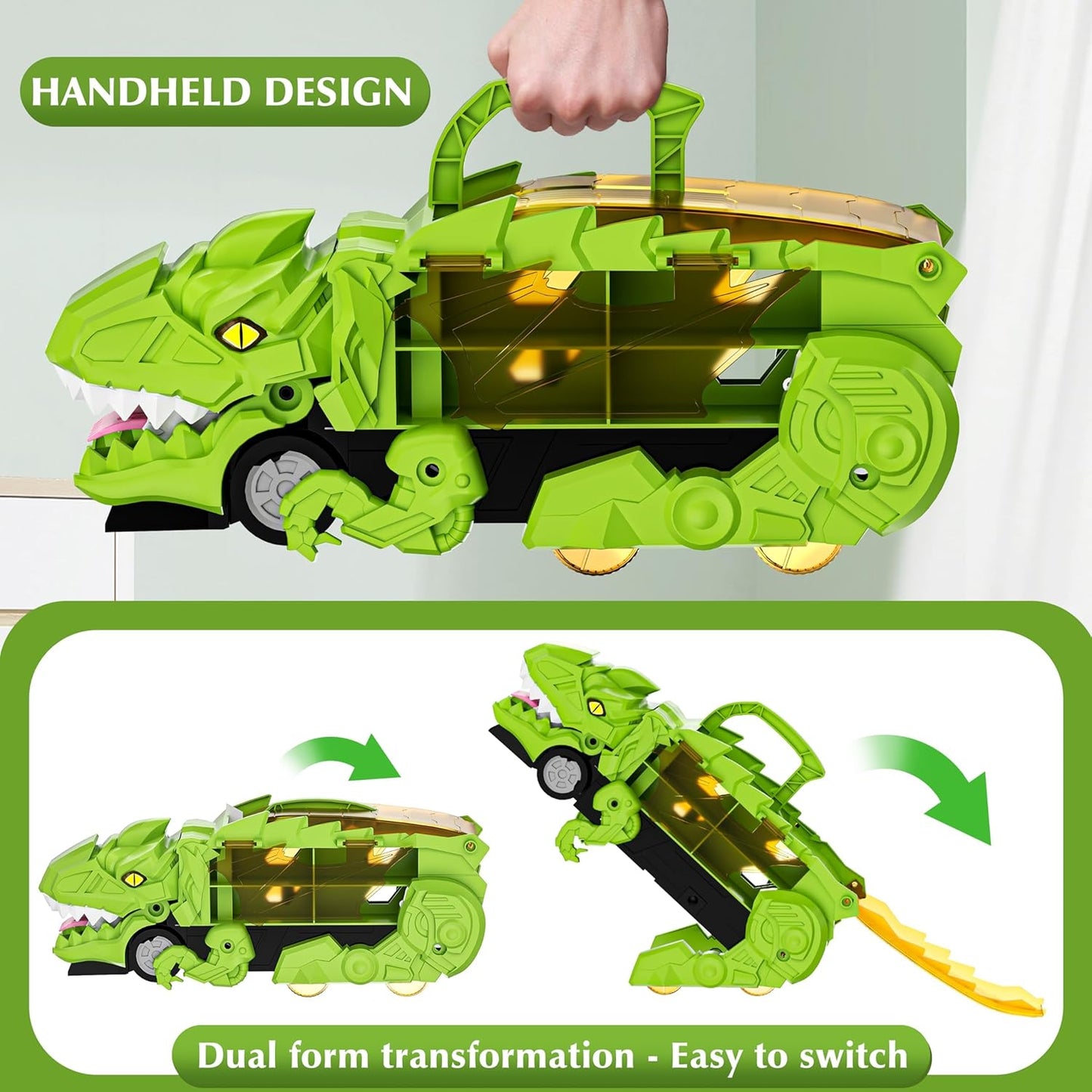 3-in-1 Dinosaur Swallowing Hauler and Race Track - Includes 6 Cars