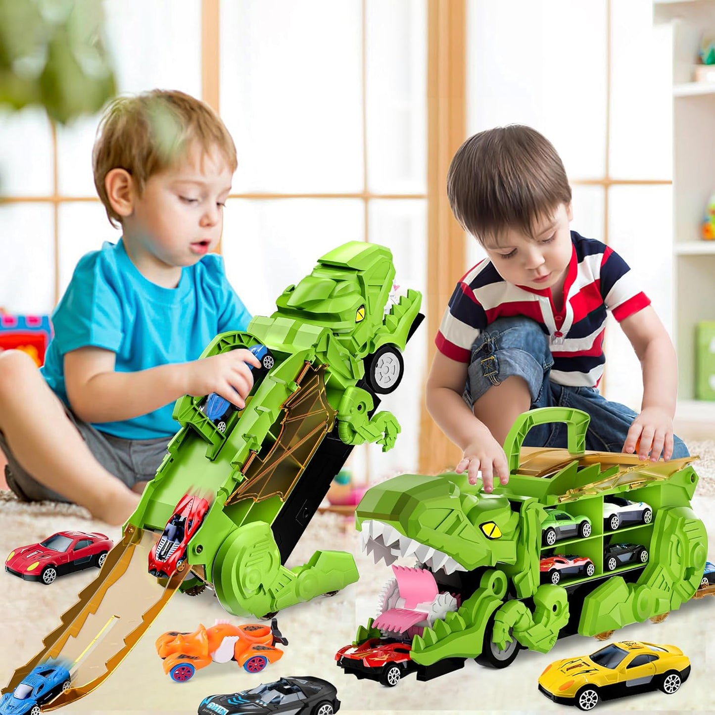 3-in-1 Dinosaur Swallowing Hauler and Race Track - Includes 6 Cars