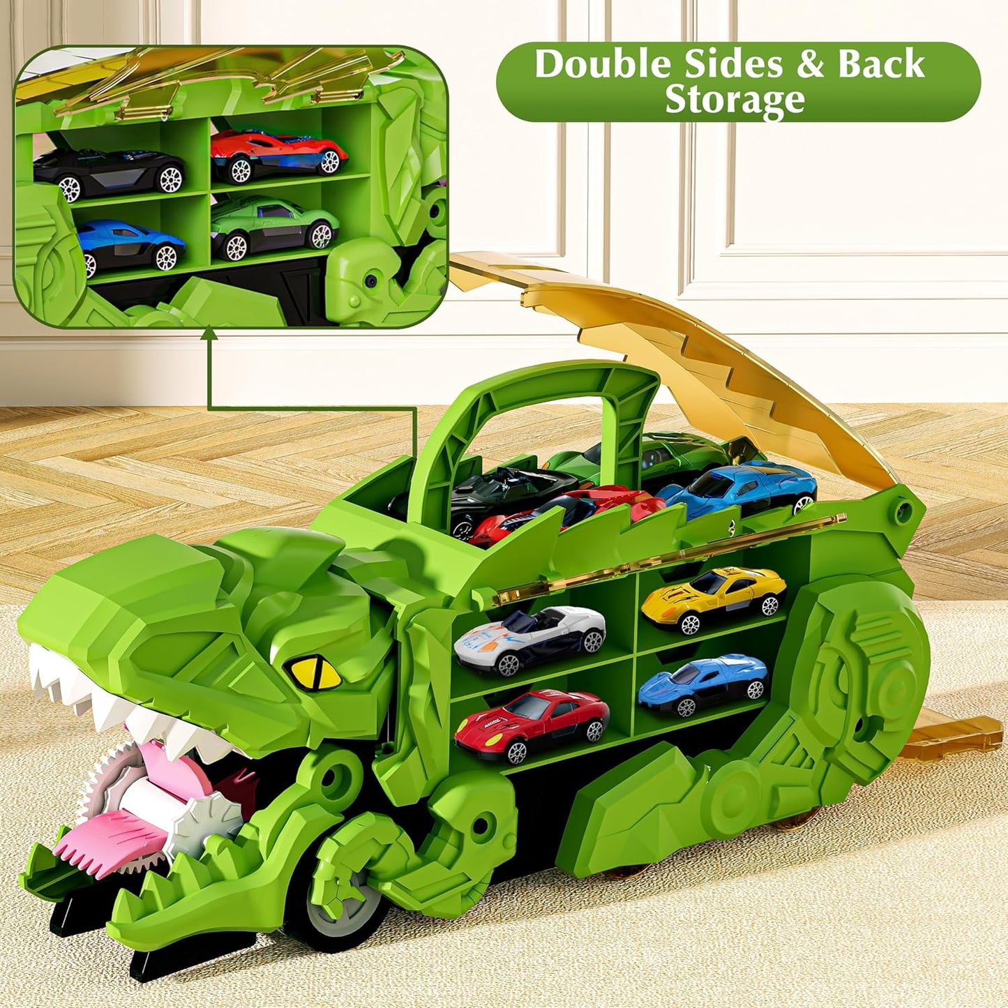 3-in-1 Dinosaur Swallowing Hauler and Race Track - Includes 6 Cars