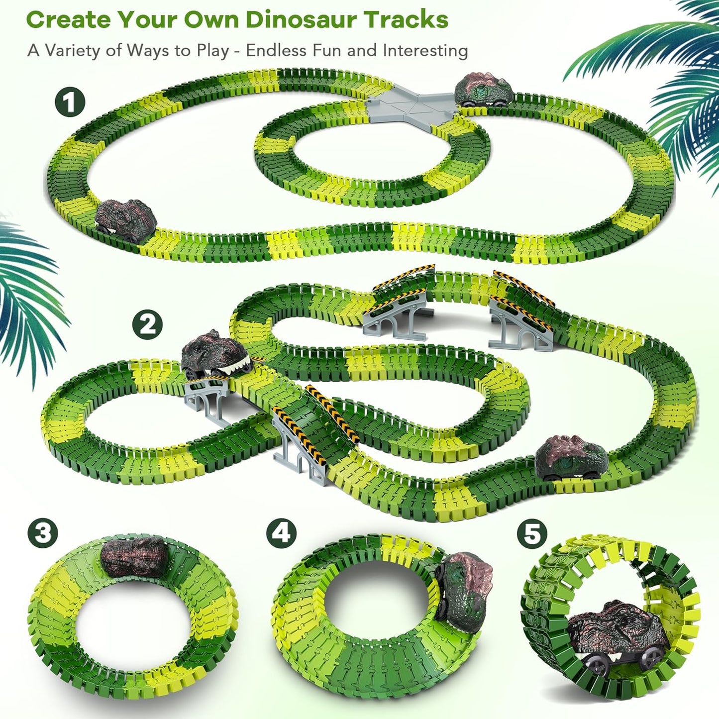 Dinosaur Race Track Set - Flexible Train Tracks with Dino Car - 265 Pieces