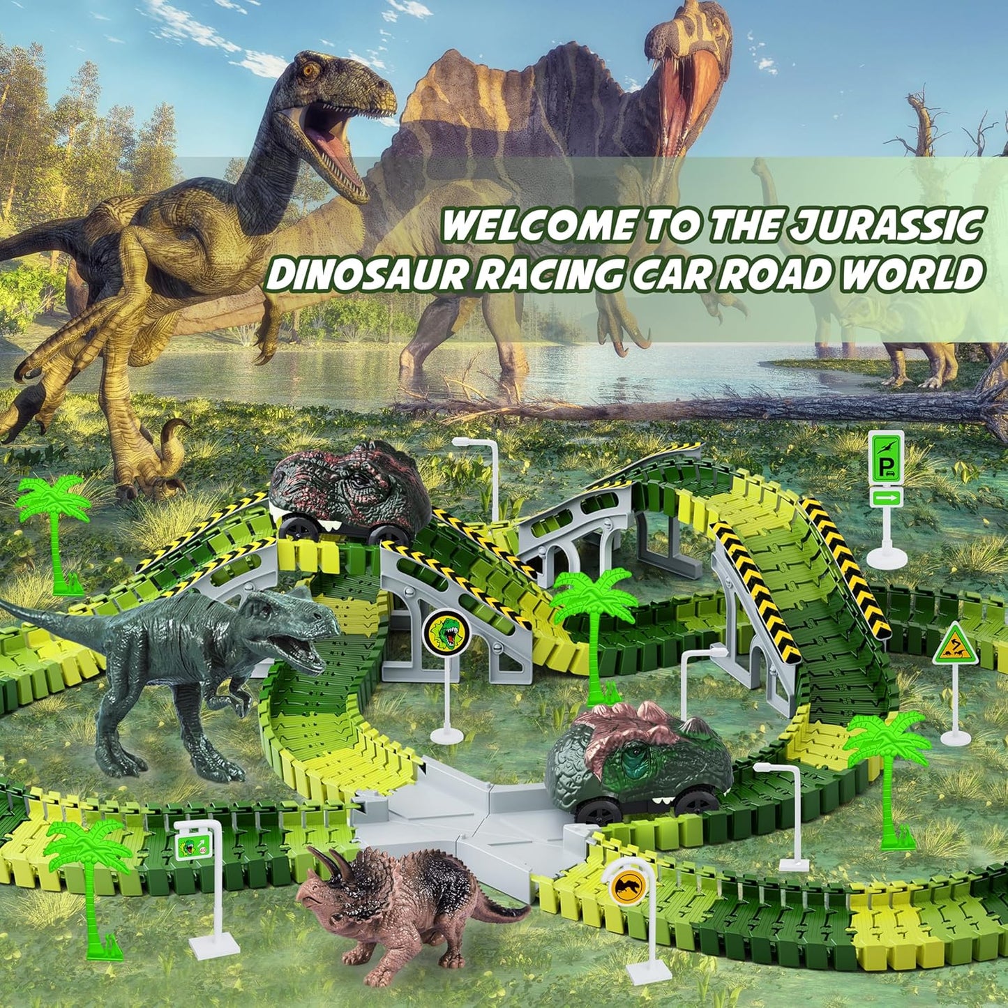 Dinosaur Race Track Set - Flexible Train Tracks with Dino Car - 265 Pieces