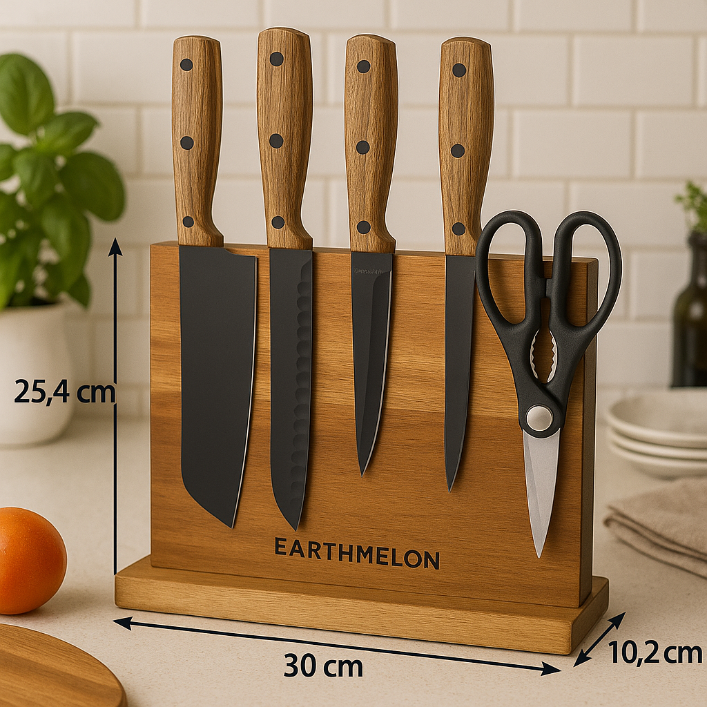 Earthmelon Premium Magnetic Knife Block Acacia Wood Stand