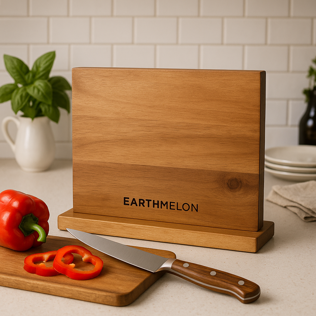 Earthmelon Premium Magnetic Knife Block Acacia Wood Stand