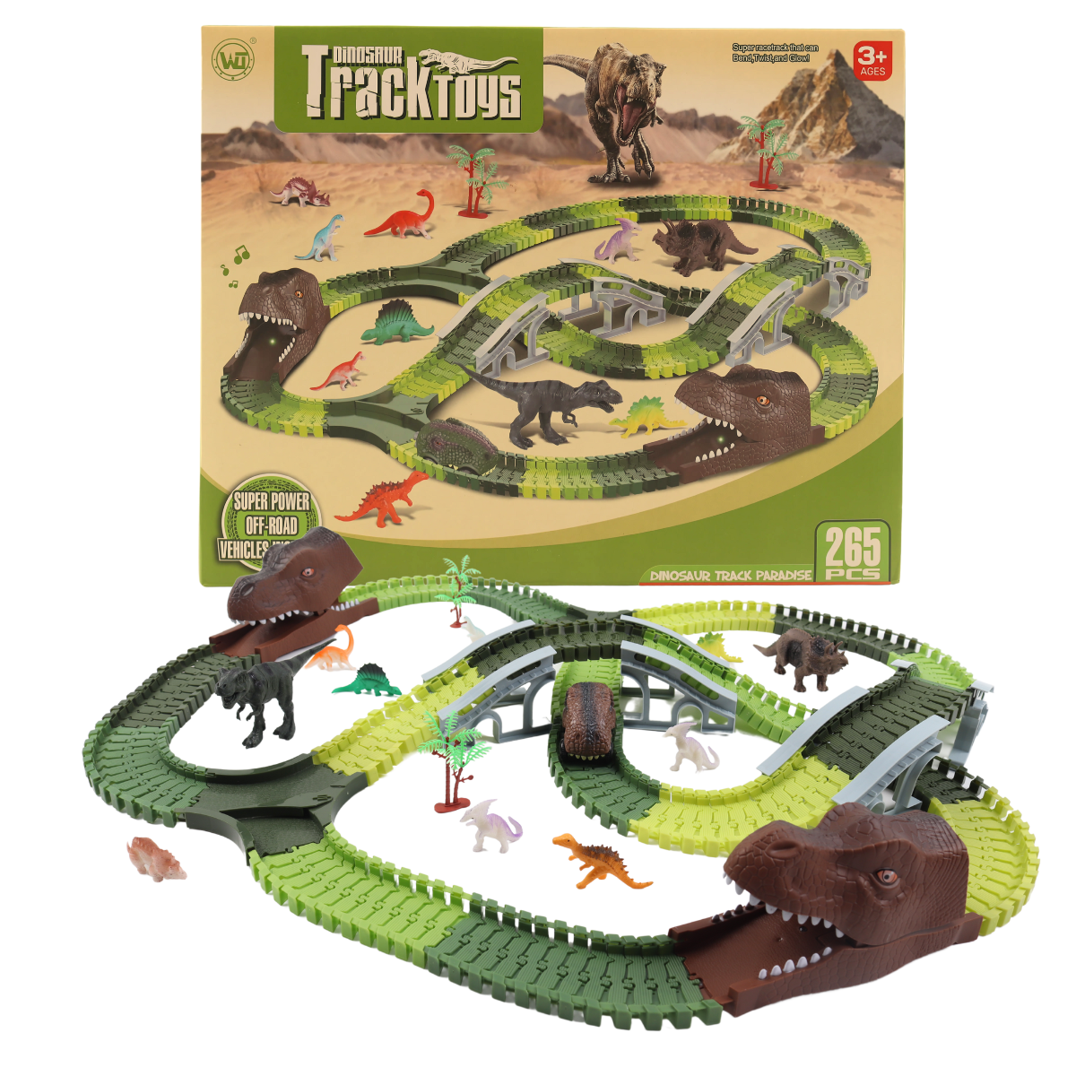Dinosaur Race Track Set - Flexible Train Tracks with Dino Car - 265 Pieces