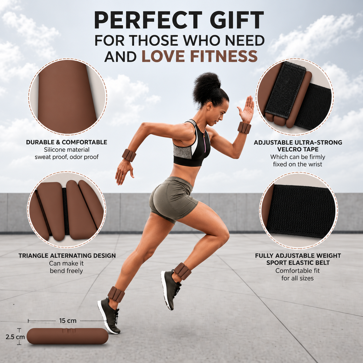 Chocolate ankle weights features: silicone, velcro strap, adjustable, 15 x 2.5cm bars