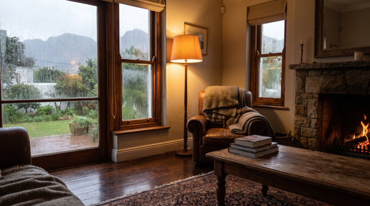 Cozy living room interior with condensation on the window during a rainy South African winter