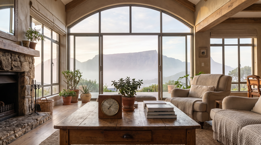 Cape Town home interior with a misty morning view of Table Mountain through a large window