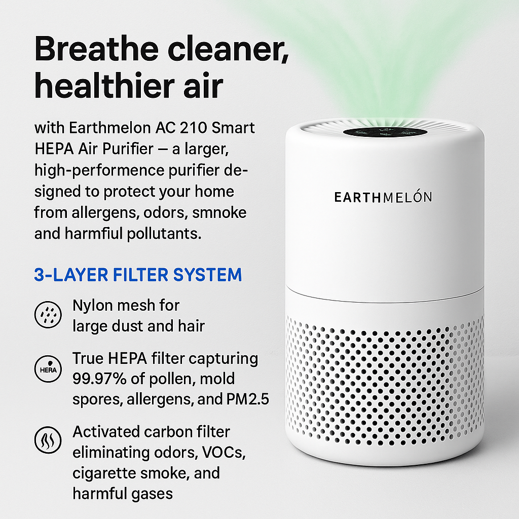 Earthmelon AC210 Large Smart HEPA Air Purifier Compact