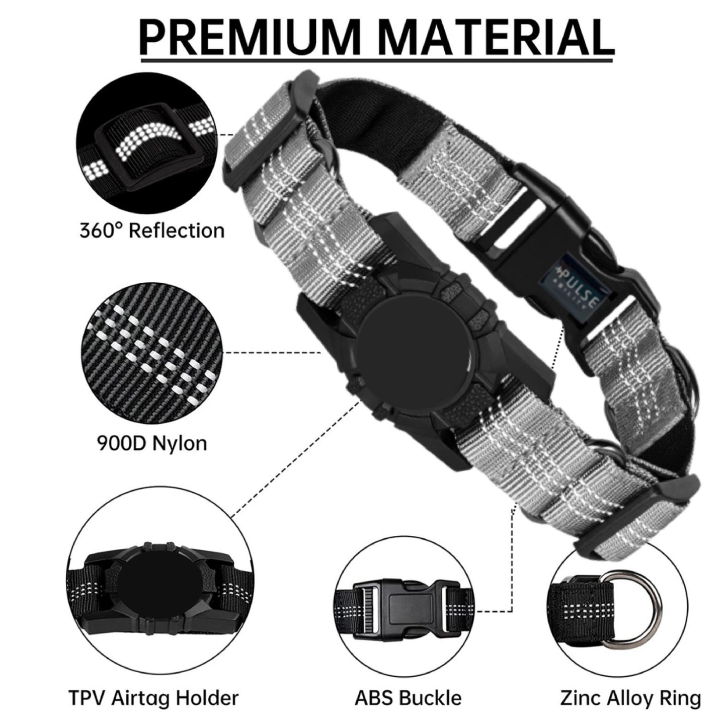 Adjustable Reflective AirTag Holder Collar for Dogs – Durable Pulse Ability Pet ID Tag Holder