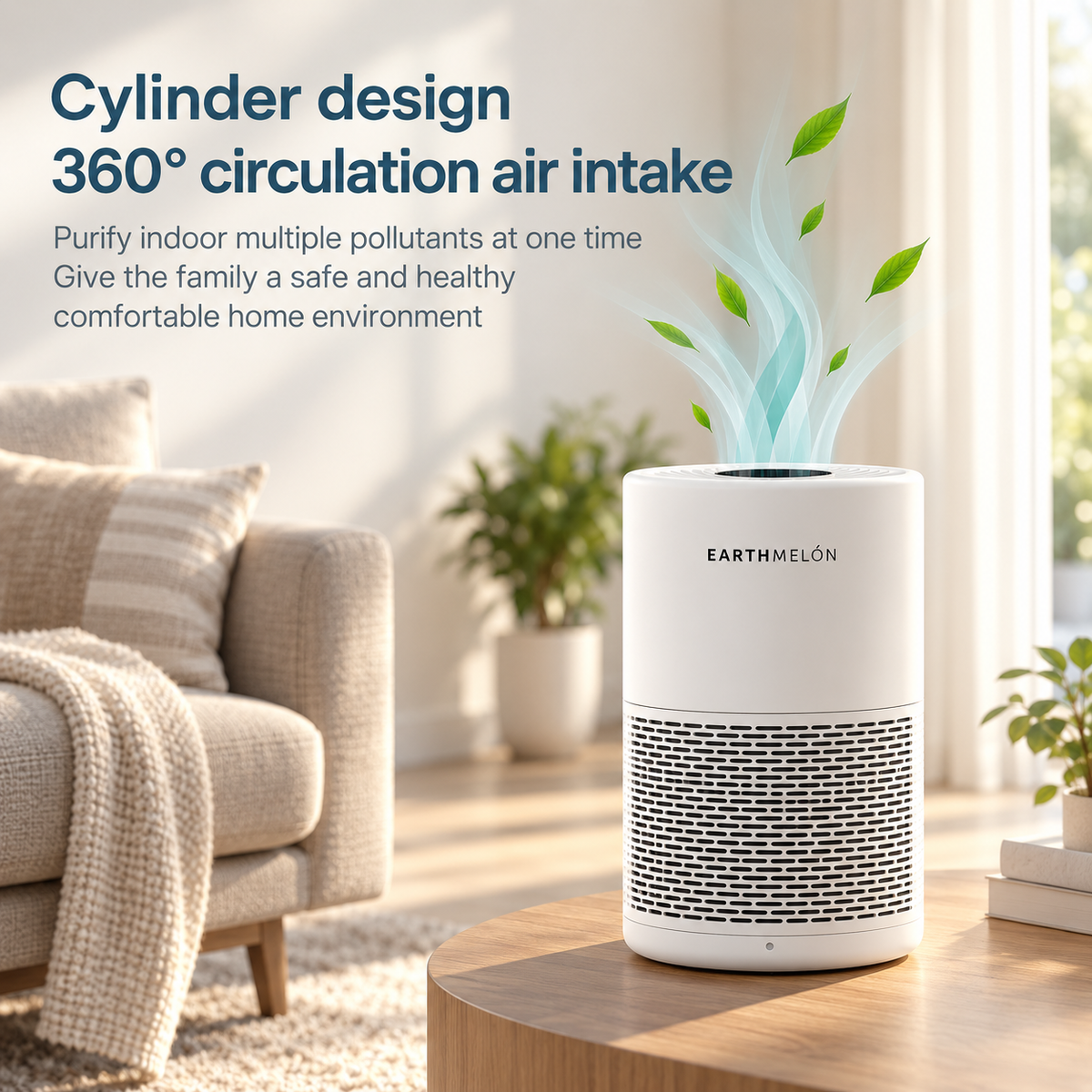 White AC201B air purifier with 360 degree air intake in a living room
