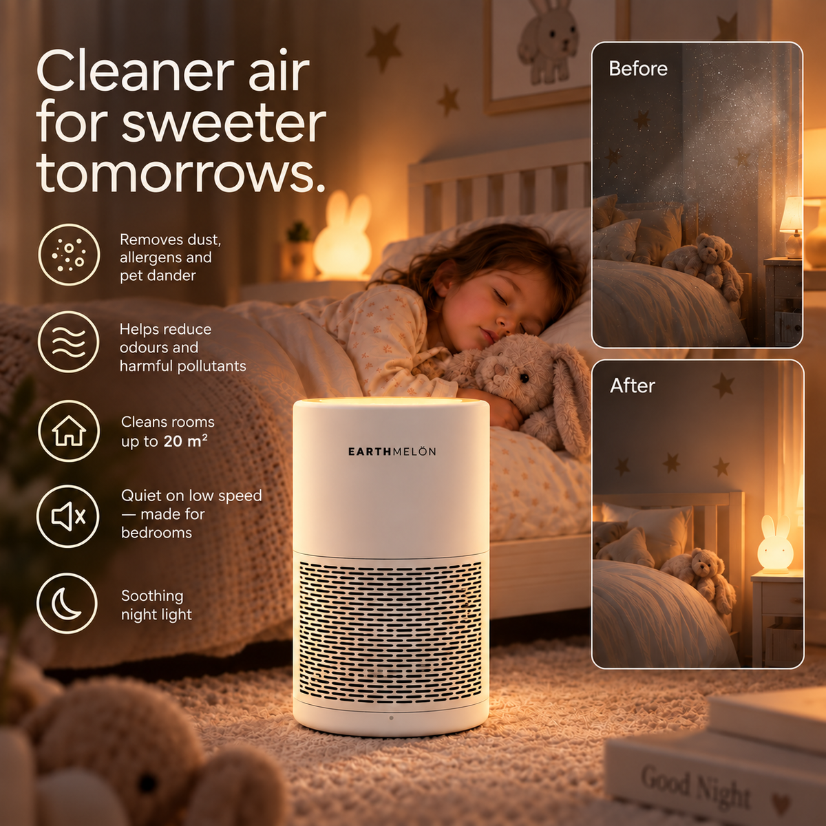 White AC201B air purifier with night light in a child's bedroom