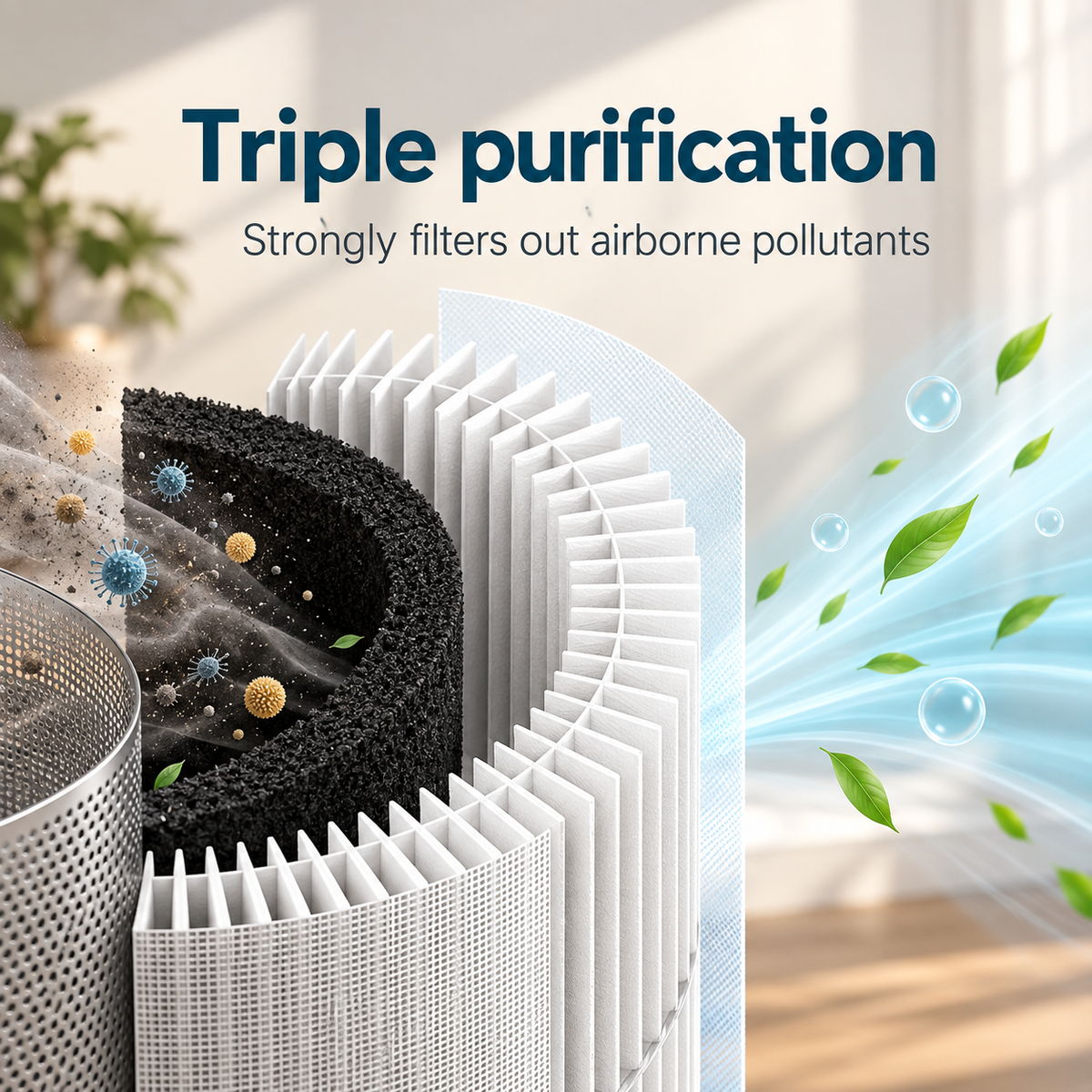 AC201B triple filtration: pre-filter, True HEPA and activated carbon