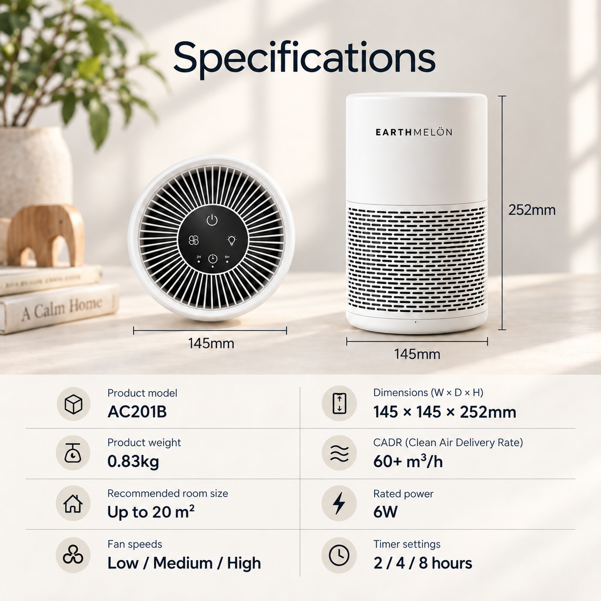 White AC201B specifications: 145 x 145 x 252mm, 0.83kg, 6W, up to 20m2