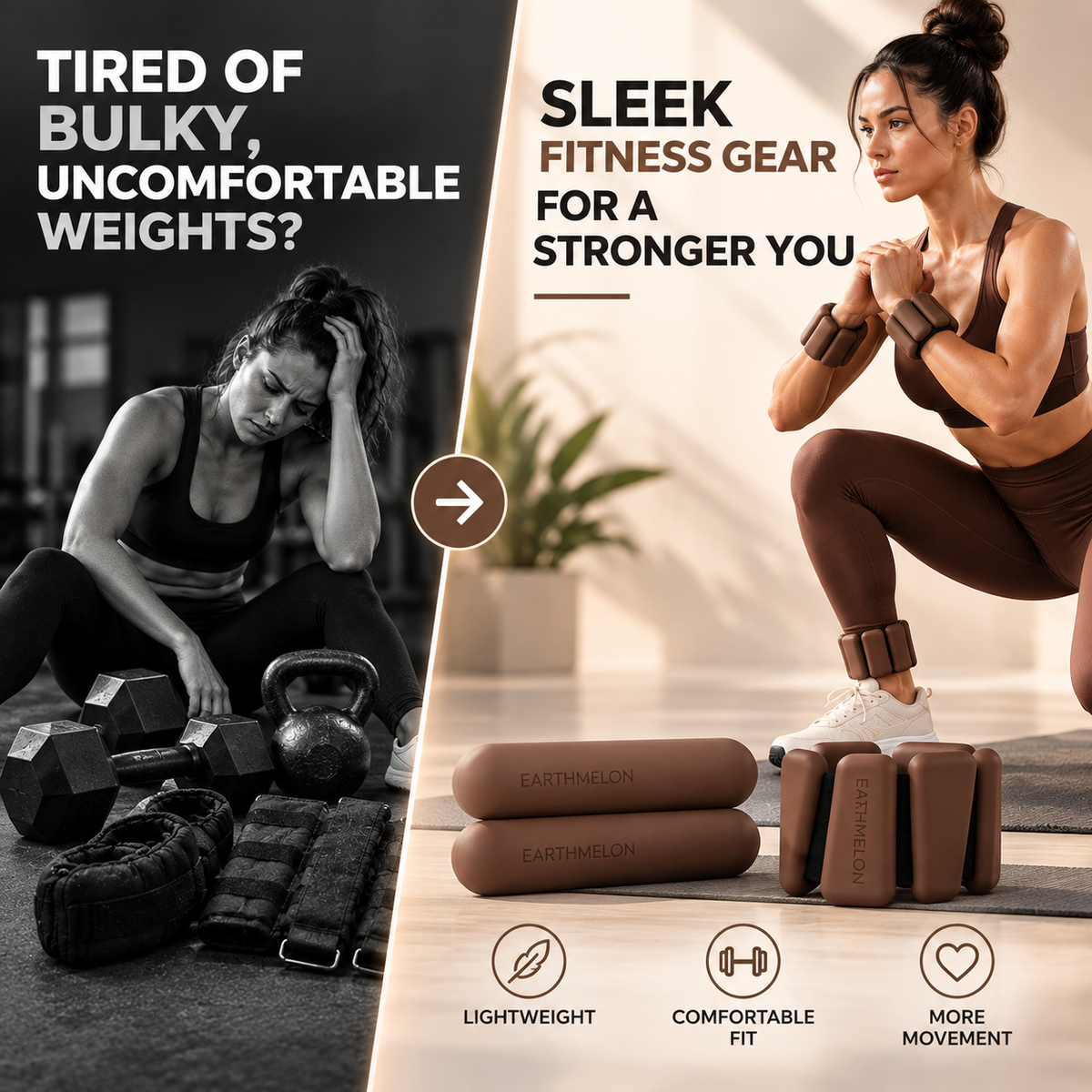 Bulky gym weights versus sleek Chocolate Earthmelon silicone weights