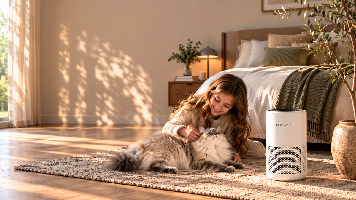 Girl cuddling her cat in a bright bedroom beside an Earthmelon AC201B air purifier