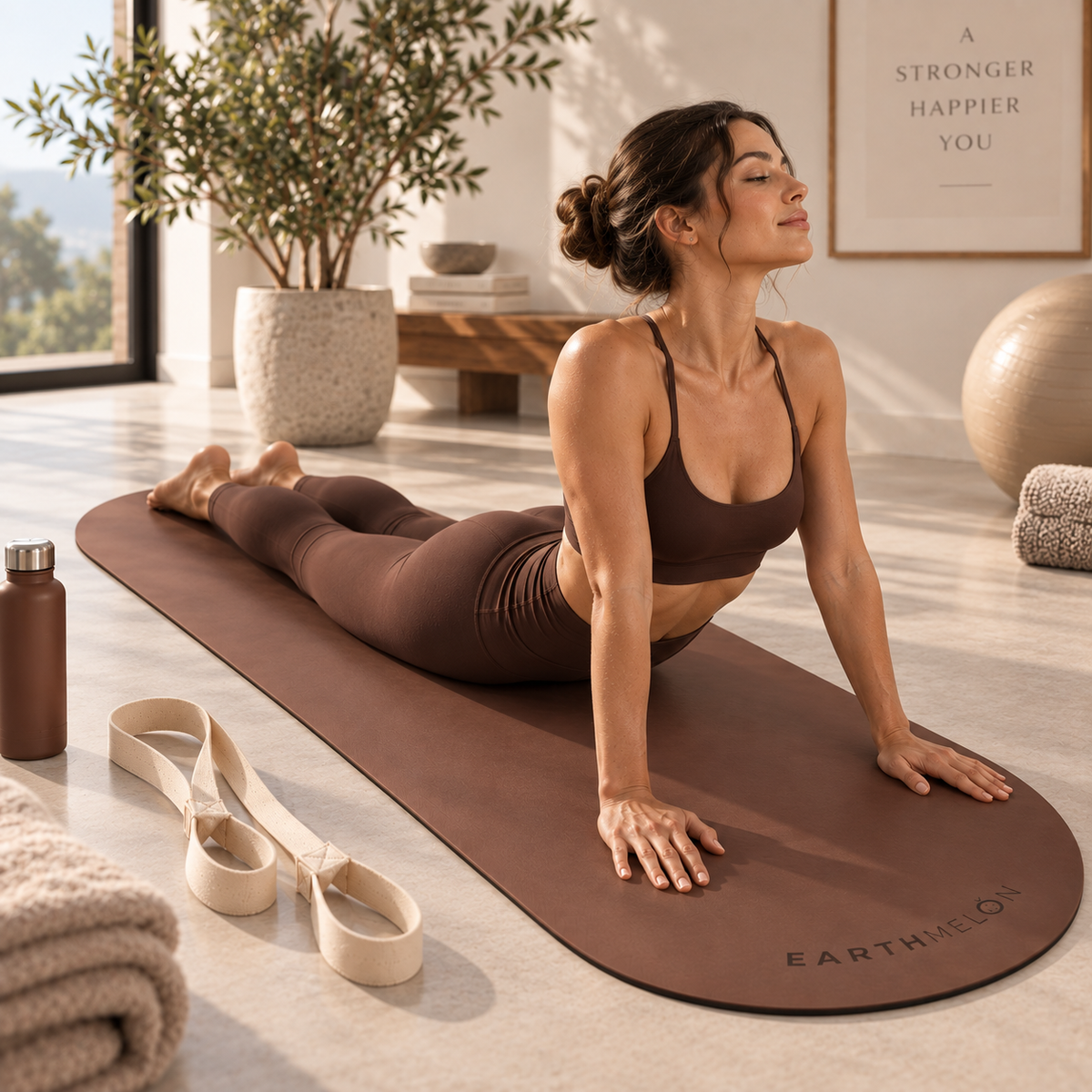 Woman doing cobra pose on Chocolate Earthmelon yoga mat