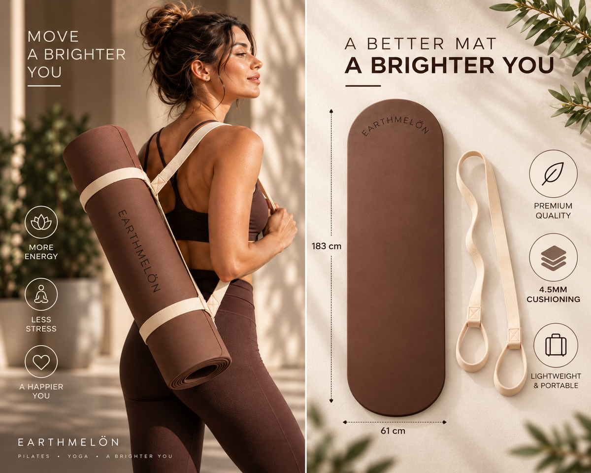 Chocolate yoga mat 183 x 61cm, 4.5mm cushioning, with strap