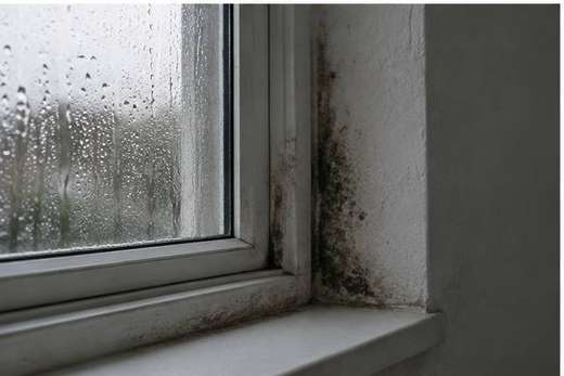 Damp, condensation-covered window in winter