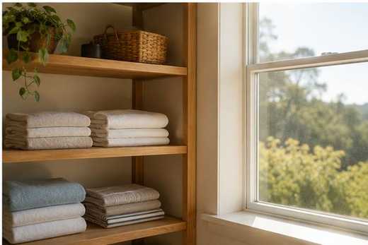 Dry, sunlit shelf with neatly folded linen